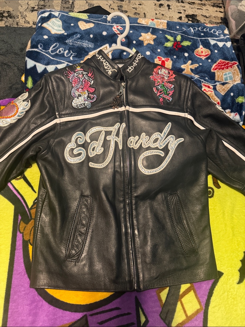Ed Hardy Women's Black Leather Embroidered Moto Jacket